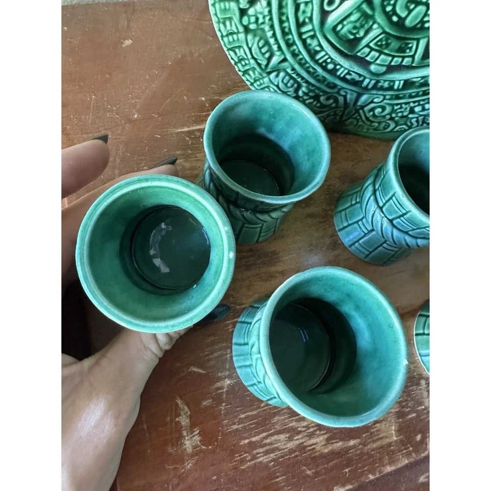 Vintage Aztec Sun Stone Turquoise Ceramic Decanter Set w/ 6 Cups